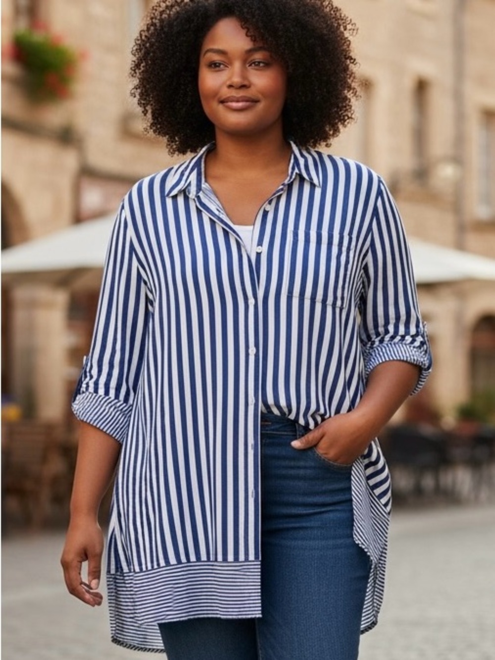 Jane and Delancey Navy and White Striped Button-Down Tunic